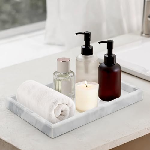Marble Bathroom Tray,Pure Natural Marble Vanity Tray,Marble Tray for Kitchen Counter Non-Ceramic/Non-Resin,Stone Tray 12 x 8 inch (White) - color: White