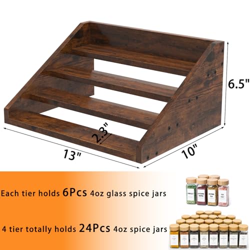 4 Step Spice Rack Organizer for Cabinet, Robust Wooden Display Riser Shelf Seasoning Organizer for Countertop Cupboard Pantry, Condiment Jar Kitchen Storage Holder Super Sturdy Stand, Rusitc Brown - size: 4-Tier