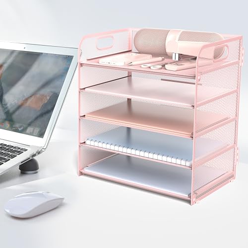 Sinboun Letter Tray Paper Organizer 5-Tier Desk Organizer File Organizer Paper Holder with Handle, Metal Desktop Document Shelf Tray Office Classroom Organization - Pink, PK5CENGTISHOU - color: Pink