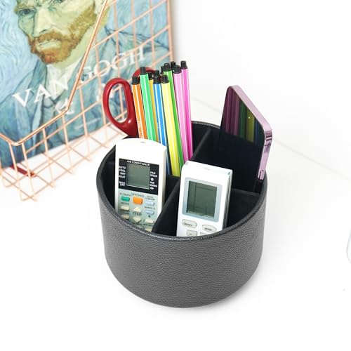 Hennaja Round Leather Art Supply Organizer,Remote Control Holder,360 Degree Spinning,Multi-Functional Pencil Holder,4 Compartments Desktop Stationary Organizer(1-Lichee Black) - color: 1-Lichee Black