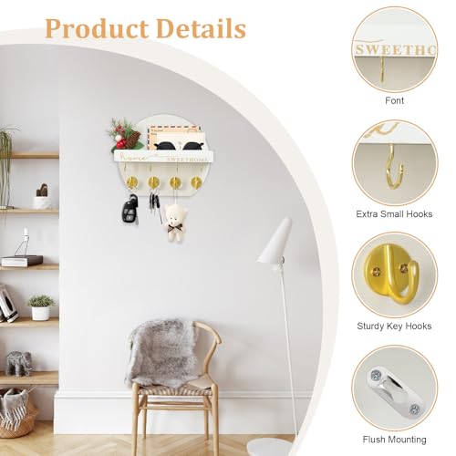 Key Holder for Wall, Key and Mail Holder Organizer - Key Holder Wall Mount with Bouquet Shelf and Key Hooks, Round Wooden Rustic Key Rack for Entryway and Home Decor (White) - color: White