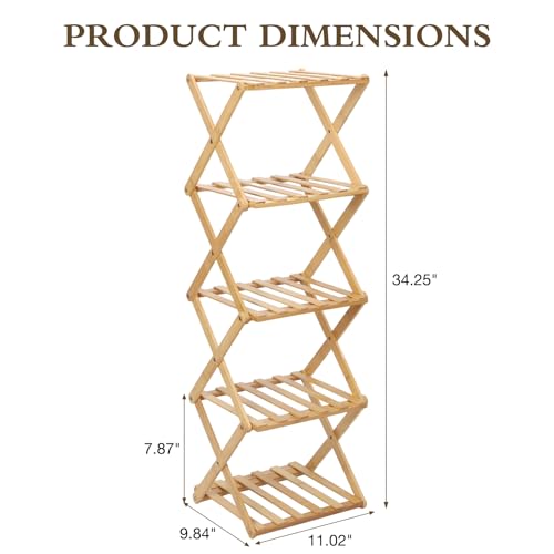 Bamboo Shoe Rack 5 Tier Foldable Shoe Rack Vertical Bamboo Shoe Organizer Free Standing Shelf for Entryway, Closet, Bedroom, Wood Color - color: Wood Color, size: 5-tier