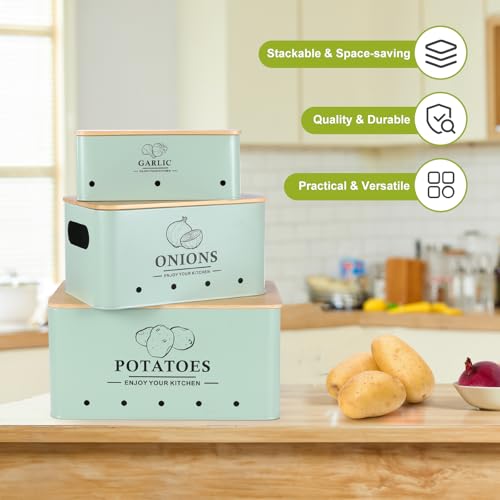 Kitchen Vegetable Storage Set of 3, Metal Onion Garlic Potato Storage Set, Kitchen Canisters Vegetable Keeper Containers with Aerating Holes and Wooden Lid (Sage Green) - color: Sage Green