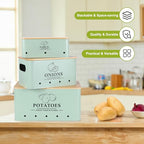 Kitchen Vegetable Storage Set of 3, Metal Onion Garlic Potato Storage Set, Kitchen Canisters Vegetable Keeper Containers with Aerating Holes and Wooden Lid (Sage Green) - color: Sage Green