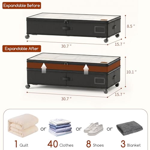 Under Bed Storage with Wheels, Adjustable Height Underbed Storage Containers, 2 Pack 65L Bins, Heavy-Duty 600D Fabric & Steel Frame for Clothes, Shoes, Bedding