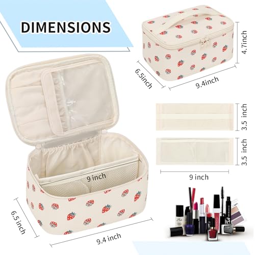 OCHEAL Makeup Bag,Travel Makeup Organizer Bag, Large Capacity Cosmetic Bags For Women Large Travel Toiletry Bag Girls Traveling With Brush Slot And Divider-PU Strawberry - color: 0020_Strawberry, size: Medium
