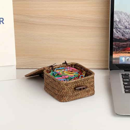 Mini Seagrass Basket Handwoven Small Wicker Basket with Lid Square Portable Storage Baskets for Key Jewelry Decorative Organizer Box for Shelf, 3.5"L x 3.5"W x 2"H - size: 3.5"L x 3.5"W x 2"H