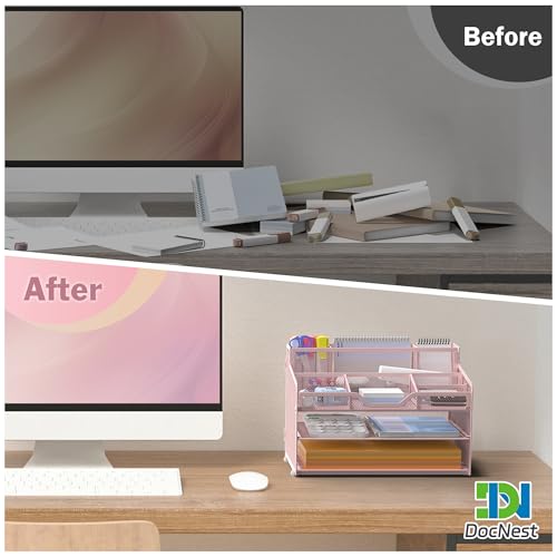 Docnest 3 Tier Mesh Desk Organizer for Paper Office Supplies – Multi-Functional Letter Tray with 5 Adjustable Compartments, 3 Pen Holders, Desktop Storage for Files, Mail, Stationery – Pink - color: Pink, size: 12.7" x 9.1" x 8.6"
