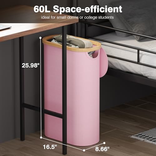 Slim Laundry Hamper with Lid, 60L Small Laundry Basket with Handles&Removable Bag, Thin Dirty Clothes Hampers for Laundry, Narrow Laundry Hampers for Bedroom Aesthetic, Pink - color: Pink, size: 60L