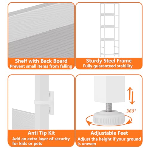 Furnulem 4-Tier Corner Shelf, Bookshelf with 2 Storage Drawers, 57.28”Tall Narrow Bookcase, Standing Shelf Organizer Unit for Living Room, Bedroom, Metal Frame, Wood Display Shelf - color: White, size: 4 Tier