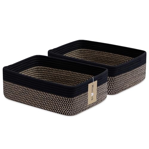MiniArk Large Shallow Organizing Baskets 15x11x5.1 Inches - Rope Woven Storage Bins for Bathroom, Shelves, Cube Closet, Black Woven Brown 2 Packs - color: Black & Woven Brown, size: 2pcs-L15×W11×H5.1"