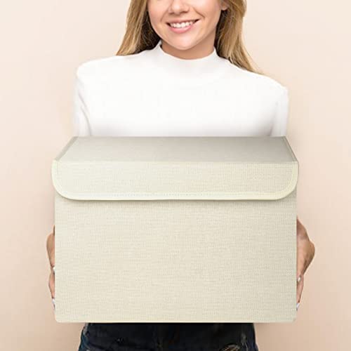 Bagnizer Large 22 Quart [4-Pack] Linen Fabric Foldable Storage Bin Cube Organizer Basket with Flip-Top Lid & Handles, Clothes Blanket Box for Home, Office, Closet (14.6 x 9.5 x 9.5, Beige) - color: Beige, size: Medium - 4 Pack