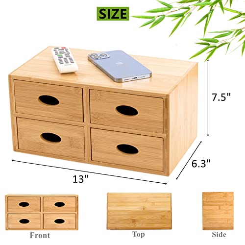 ZOOFOX Bamboo Desk Organizer, 100% Natural Bamboo Tabletop Storage Box with 4 Drawers, Night Stand Table Organizer, Wooden Desktop Drawer Organizer for Makeup Vanity Office Supplies