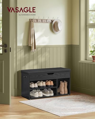VASAGLE CUSTOS Collection - Storage Bench with Cushion, Shoe Bench, Padded Seat, Hidden Storage, Entryway, Hold up to 300 lb, 11.8 x 31.5 x 17.3 Inches, Ebony Black and Ink Black ULHS030B03 - color: Ebony Black + Ink Black, size: 31.5"W