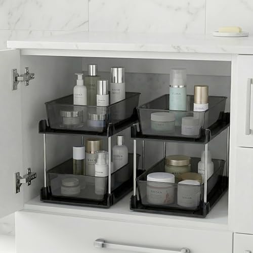 2 Pack Bathroom Organizer,2 Tier Clear Under Sink Organizers Vanity Countertop Storage Container,Cabinet Drawers Bins, Pull-Out Organization with Track for Pantry, Kitchen - color: Black, size: 2 Pack