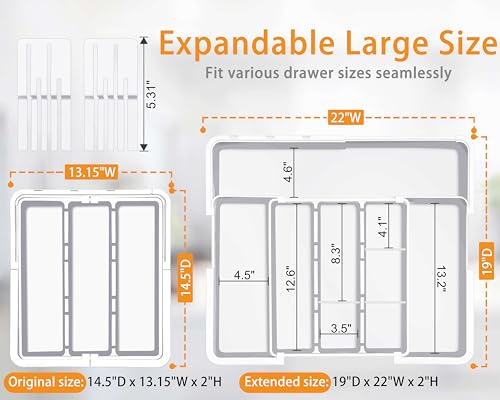 Homecor Kitchen Drawer Organizer Large Expandable Silverware Organizer, Utensil Holder and Flatware Tray, Kitchen Spatula Tools and Gadgets Storage with Removable Knife Blocks and 3 Dividers, White - color: White