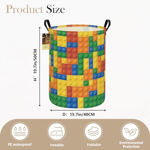 Collapsible Fabric Storage Basket, Waterproof Laundry Hamper with Handles, Round Storage Bin for Clothes Toys, Foldable Organizer for Bedroom Nursery Bathroom(Round-Colorful Blocks) - color: Round-Colorful Blocks
