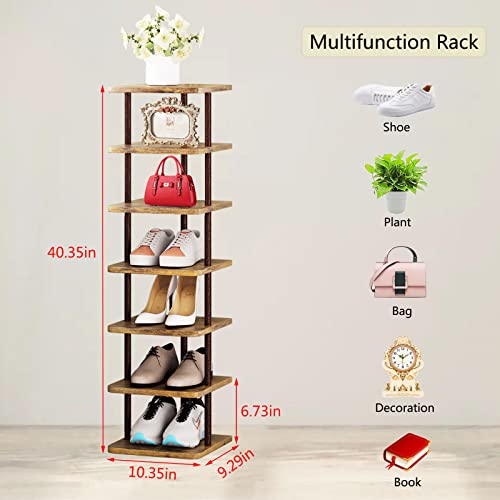 SORCEDAS 7 Tiers Vertical Shoe Rack Wooden Shoe Storage Organizer for Space Saving Narrow Shoe Shelf Storage 7 Pairs for Entryway Living Room Bedroom(Bronze + Rustic Dark Brown) - color: Bronze, size: 7 Tier-Standard
