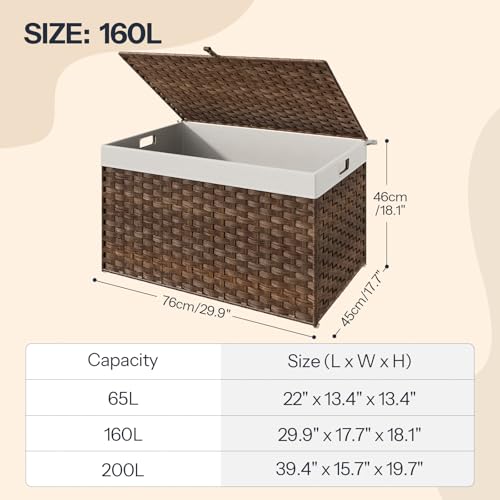 HOOBRO Storage Basket with Lid, 42.3 Gallon (160L) Wicker Basket, Handwoven Blanket Storage Basket with Handles, Metal Frame and Soft Lining, Foldable for Bedroom, Laundry Room, Brown BR216CW01 - color: Brown, size: 29.9"L x 17.7"W x 18.1"H