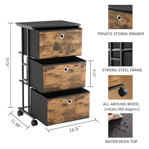 MAX Houser Dresser Storage with 3 Drawers, Fabric Tower Nightstand, Chest of Drawers,Vertical Storage Unit Organizer for Closets,Bedroom,Dorm, Wood Top, Rustic Brown Wood Grain Print - color: Brown