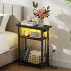 HOOBRO Narrow Side Table with Charging Station and LED Light, Small End Table with Storage, Skinny Nightstand with USB Port, Slim Bedside Table for Small Spaces, Living Room, Black BB242UDBZ01 - color: Black