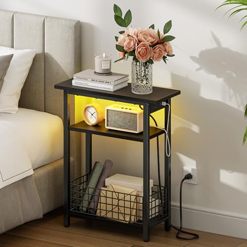 HOOBRO Narrow Side Table with Charging Station and LED Light, Small End Table with Storage, Skinny Nightstand with USB Port, Slim Bedside Table for Small Spaces, Living Room, Black BB242UDBZ01 - color: Black