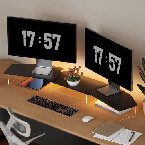 AFOOYO LED Dual Monitor Stand Riser for 2 Monitors,Office Desktop Wooden Stand Adjustable Length and Angle 3 Shelf,Extra Long Multifunctional Stand up to 44.4" for Computer,Laptop,TV,Black - color: Black, size: Dual