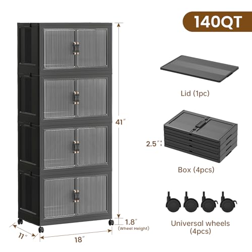 SAILUN 35Gal/140Qt Stackable Storage Bins Folding Collapsible Storage Bins with Lid, Closet Organizers and Storage Box with Door Black 18" W x 11" D x 41" H - color: Black, size: 1 Lid 4 Pack-18" W x 11" D x 41" H