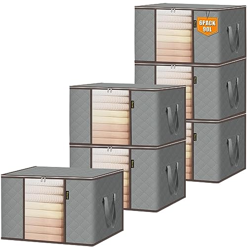 BALEINE 6 Pack Clothes Storage Bags, 24 Gallon Storage Containers with Reinforced Handle, Sturdy Zipper, Closet Organizer for Blanket, Comforter, Pillow, Bedding (Grey, 6 Pack) - color: Grey, size: 6 Pack-24 Gallon
