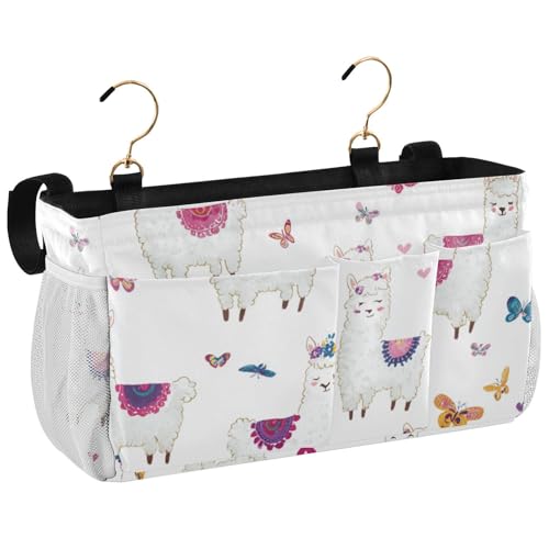 Bedside Caddy Metal Frame Hanging Organizer Bunk Bed Dorm Accessories Hook And Loop Storage Bag Large Pockets Hearts Llamas Butterfly - color: Hearts Llamas Butterfly