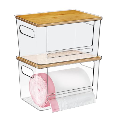 Trash Bag Dispenser 2 Pack, Stackable Acrylic Garbage Bags Dispenser with Bamboo Lid, Extra Large Clear Under Sink Organizer for 13/30/33 Gallon Bags, Kitchen, Cabinet, Laundry Room Storage - size: XL- 2 PACK