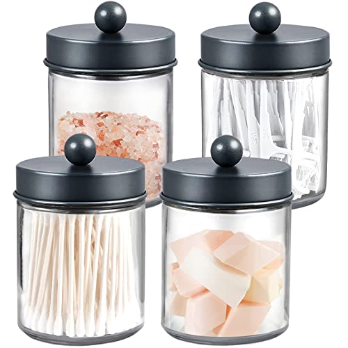Amolliar 4 Pack Apothecary Jars Bathroom Vanity Storage Organizer Set -Countertop Canister with Stainless Steel Lids &Cute Stickers - Qtip Dispenser Holder for Qtips,Cotton Swabs,Makeup Sponges (Grey) - color: Grey