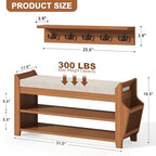 PETKABOO 31.5" Shoe Bench with Coat Rack Hidden Drawer and Side Holder, 2 Tier Entryway Bench with Storage 39.4 in, Bamboo Shoe Rack with Cushion for Entryway Hallway Living Room Bedroom - size: 31.5 in with Hook