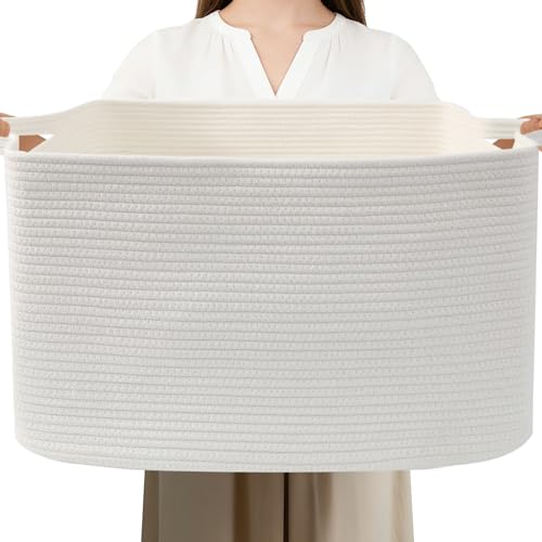 Large Blanket Basket,Woven Rope Basket Storage Bin with Handles,65L Rectangle Laundry Basket for Magazines,Toys,Clothes,Newspaper Shelf Organization,Nursery and Living Room,White - color: White, size: 21"x16"x12"(65L)