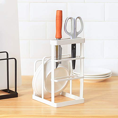 VANRA Metal Knife Block Without Knives, Multifunctional Knife Holder with 2 Layers Cutting Board Rack Dish Rack, Kitchen Storage Organizer,White - color: White, size: 4.7"L X 5.5"W X 8.5"H - Without Draining Tray
