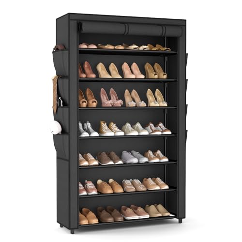 VILICK Shoe Rack with Cover, 7 Tier Shoe Organizer Storage for 32-40 Pair Shoes and Boots Large Shoe Storage Shelf Space Saving Vertical Shoe Rack for Closet, Front Door Entrance, Dorm, Garage - color: Black, size: 33.8"W-7 Tier