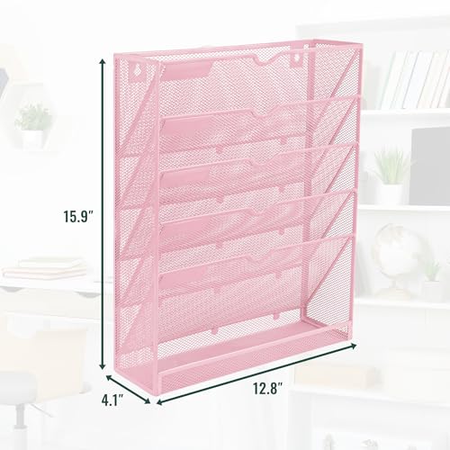 EASEPRES 6 Tier Mesh Hanging Wall File Organizer, Desk Vertical Mail Paper Document Folder Holder Rack with Bottom Tray and Nametag Label for Office Home School, Pink - color: Pink, size: 6 Tier