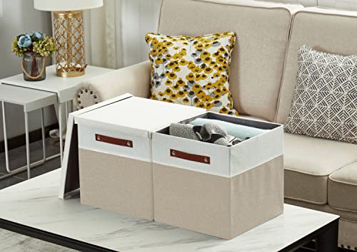 DECOMOMO Storage Basket with Lid, Storage Cubes with Handles, Fabric Box with Lid (Beige and White, 11” / 3 Pack) - color: Beige and White, size: Cube 11"