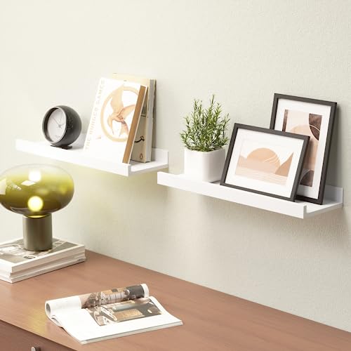 Boswillon Floating Shelves Wall Mounted Set of 2, Modern White Shelves for Bedroom, Nursery Shelves with Lip, Display Picture Ledge Shelf for Wall Decor Living Room Bathroom Kitchen - White - color: White, size: 15.7 In