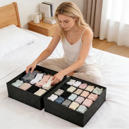 Sock Organizer Drawer Organizer,24 Compartment Foldable Storage,Closet Dividers for Underwear, Socks, Bras, Scarves, Ties, Black - color: Black