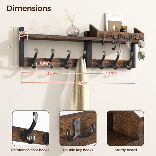 Evermagin 29" Coat Rack Wall Mount with Shelf, 4 in 1 Coat and Key Hanger with 11 Metal Hooks, Entryway Wall Mounted Shelf with Mail Holder for Living Room, Bedroom, Rustic Brown - color: Rustic Brown, size: 29 inch