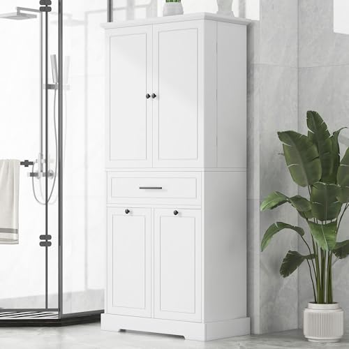 Virubi Tall Laundry Cabinet with 2 Tilt-Out Hampers and Drawer Wood Tall Laundry Storage Cabinet with Adjustable Shelves, for Bathroom Storage Organization, Freestanding(White) - color: White, size: 31"x16"x71.7"