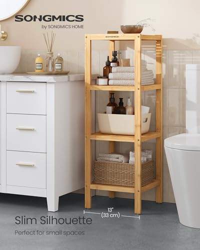 SONGMICS 4-Tier Bamboo Shelf, Narrow Bathroom Shelf, Standing Towel Rack, Corner Rack, for Kitchen, Living Room, Bedroom, Entryway, Bathroom, Natural UBCB54Y - color: Light Bamboo, size: 4 Tiers (13"D x 13"W x 38.6"H)