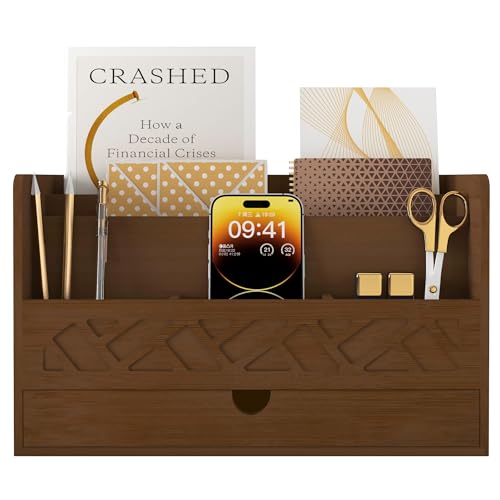 Bamboo Mail Organizer Countertop Desktop With Drawer - All-in-One Desk File Organizer for Office Supplies Storage With Pencil Holder (Walnut) - color: Walnut
