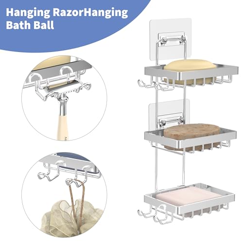 Moforoco Silver Soap Dish Holder for Shower Wall, No Drilling, 3-Tier 304 Rustproof Stainless Steel, Soap Bar Holder with 4 Hooks, Shampoo Bar Holder for Shower Caddy for Bathroom - color: Silver, size: 3-T