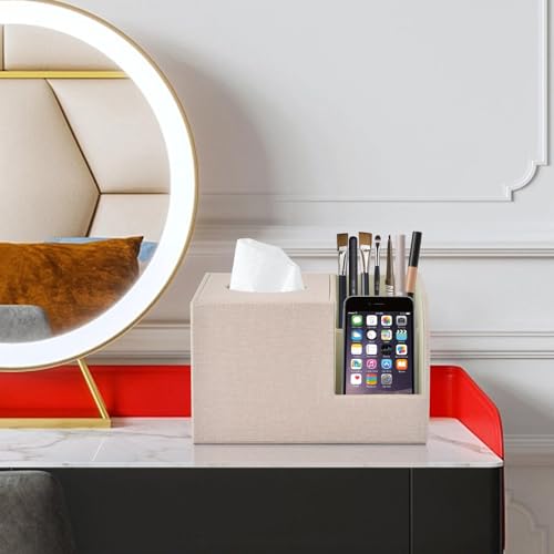 PU Leather Square Tissue Box Cover,Multifunctional Tissue Box Holder,Tissue Box with Storage,Tissue and Remote Control Holder,Tissue Box Decorative Desk Organizer for Home&Office,Beige - color: Beige