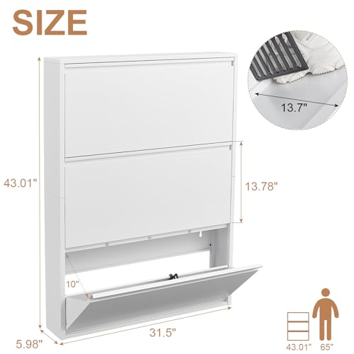 LUCYPAL Shoe Cabinet Storage for Entryway,Slim Wall Mounted Shoe Cabinet with 3 Flip Drawers Narrow Shoe Organizer for Entryway, Hallway, Living Room,White - color: White, size: 3 Flip Drawers