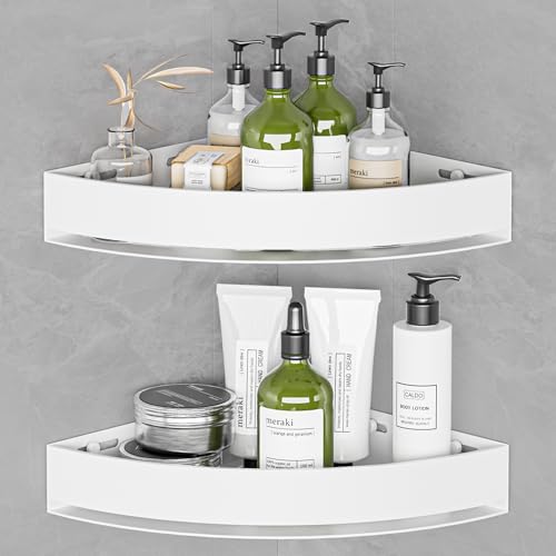 Wisfame Aluminium Shower Corner Shelves - Rustproof Shower Caddy No Drilling Installation Shampoo Holder, White Shelves for Wall for Bathroom Storage,Holds 20LB - color: White