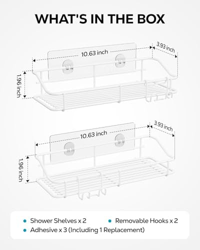 Nieifi Shower Caddy Shelf with Hooks Storage Rack Organizer Adhesive Stainless Steel Without Drilling for Bathroom, Lavatory, Washroom, Restroom, Shower, Toilet, Kitchen - 2 Pack (White) - color: White, size: 2 Pack