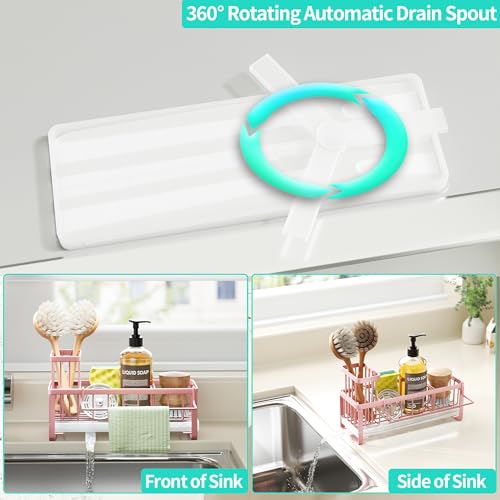 HapiRm Sponge Holder for Kitchen Sink - Self-draining Sink Caddy with Brush and Dishcloth Holders, Stainless Steel Kitchen Organizer for Countertop - Pink - color: Pink, size: with Dishcloth Holder
